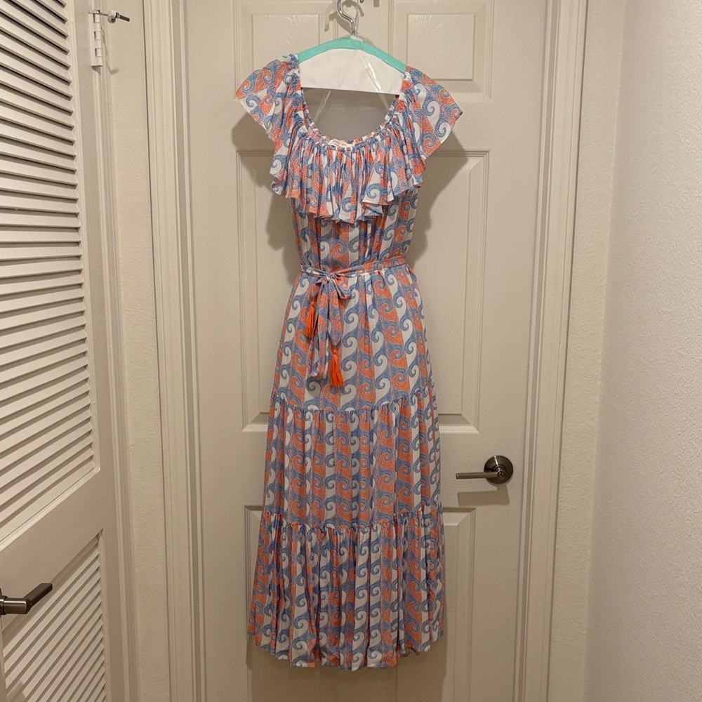 Johnny Was Coral and Light Blue Ruffle-Tier Dress.  Brand new.